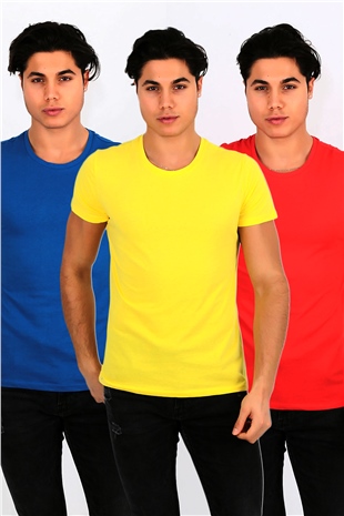 Erkek Basic 3'lü T-Shirt Kırmızı-Sarı-Mavi | Penyelux Erkek Giyim