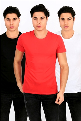 Erkek Basic 3'lü T-Shirt Siyah-Beyaz-Kırmızı | Penyelux Erkek Giyim