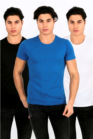 Erkek Basic 3'lü T-Shirt Siyah-Beyaz-Mavi | Penyelux Erkek Giyim