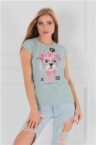 Kadın %100 Pamuk Bisiklet Yaka Cute Dog Baskılı Yeşil T-Shirt | Penyelux Kadın Giyim