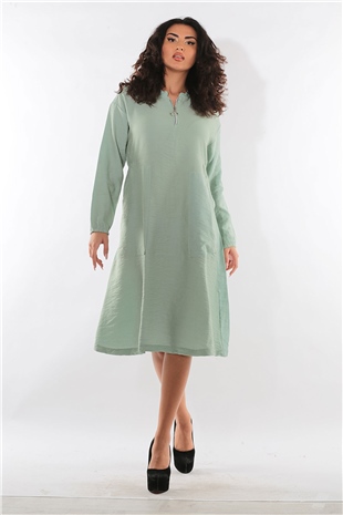 Penyelux Kadın Keten Fermuar Detaylı Uzun Kol Elbise - Yeşil